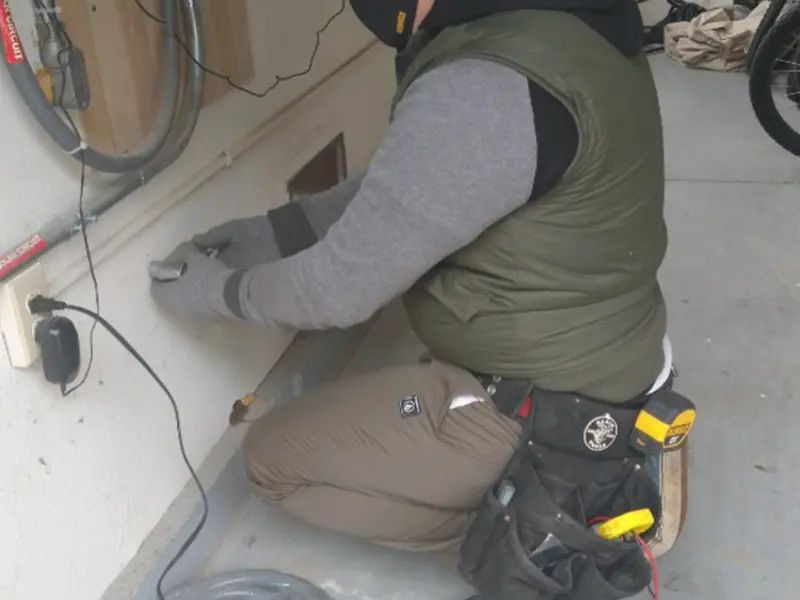 Electrician performing outlet wiring in a Vallejo garage